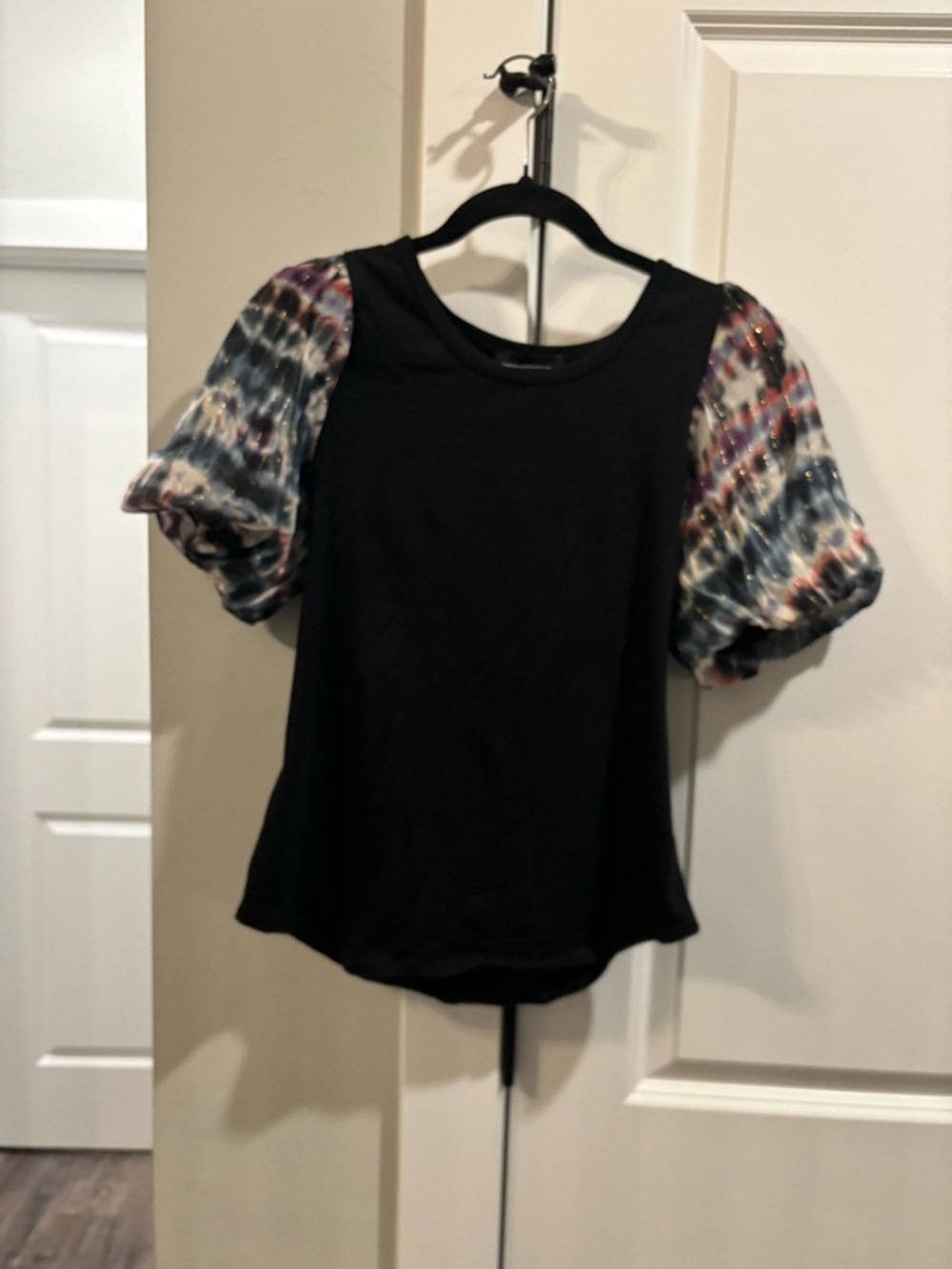 Fifteen Twenty Black Top with Multicolor Puff Sleeves